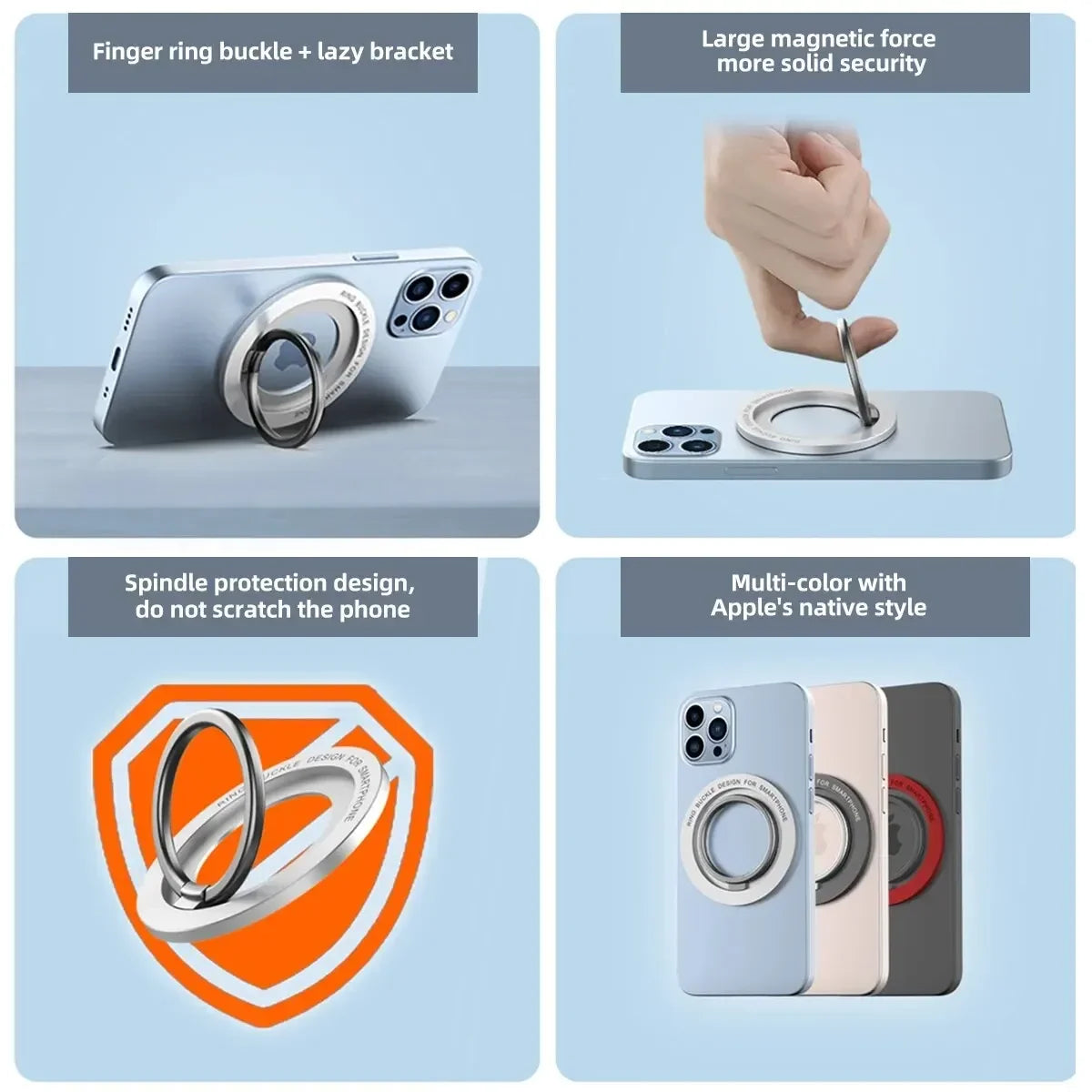 Various magnetic phone holders and ring stands for MagSafe compatibility shown in different colors and designs.