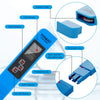 A blue digital pH and TDS water tester device showing various components like the LCD screen, battery case, and buttons.