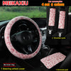Set of 6 leopard print plush car accessories including a steering wheel cover and shoulder pads