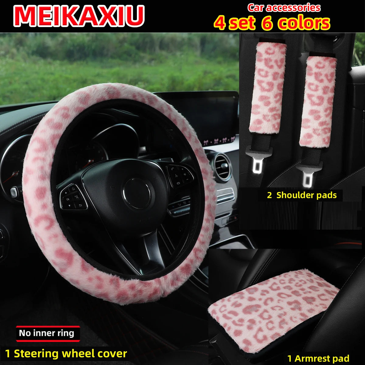 Set of 6 leopard print plush car accessories including a steering wheel cover and shoulder pads