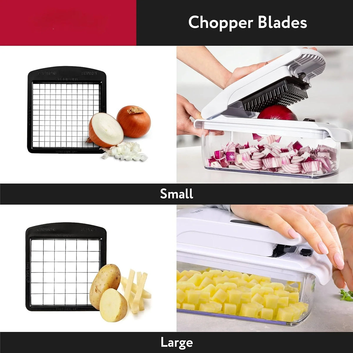 Image showing small and large chopper blades and containers for a multi-function vegetable chopper.