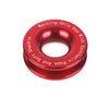 A red recovery ring with a warning label for use with synthetic rope and shackle.