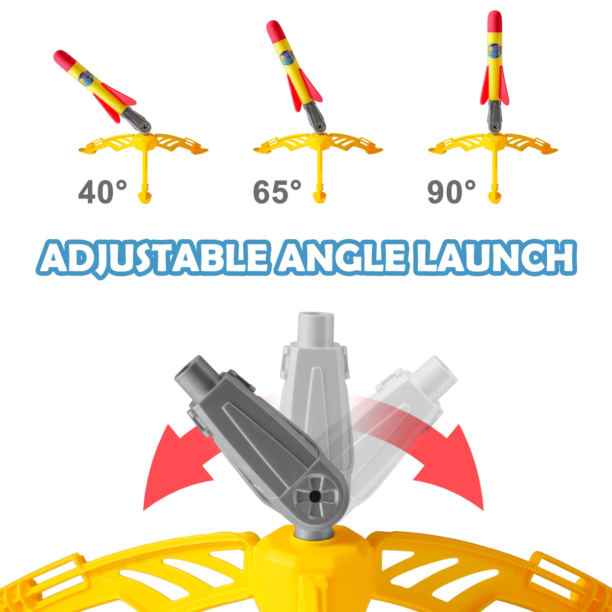 Adjustable angle launch toy set showing 40, 65, and 90 degree launch angles.