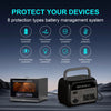 A portable power station with a battery and control panel is shown next to text detailing eight types of battery protection.