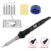 Soldering iron kit showing various tips, a heating element, and plug adapters for EU and US power.
