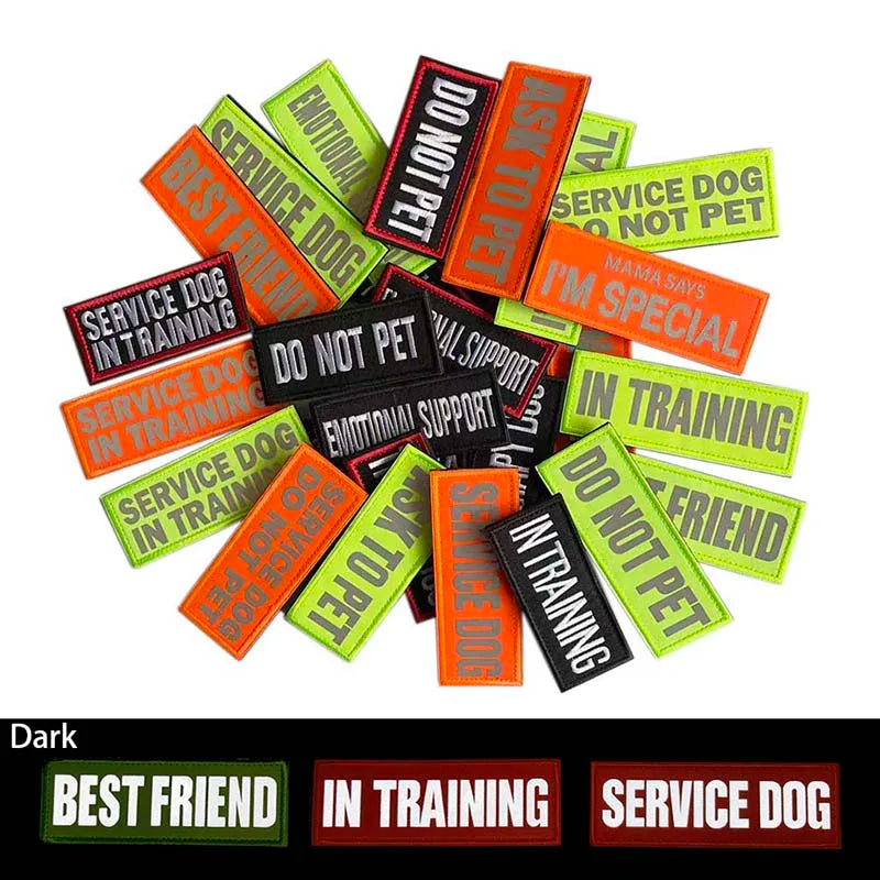 A collection of embroidered patches featuring phrases like BEST FRIEND IN TRAINING and SERVICE DOG in training.