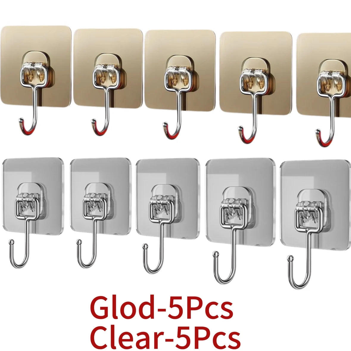 Five sets of clear and gold self-adhesive rotating wall hooks for storage