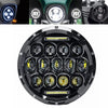 A close-up view of a round LED headlight assembly with multiple projector lenses and angel eyes.