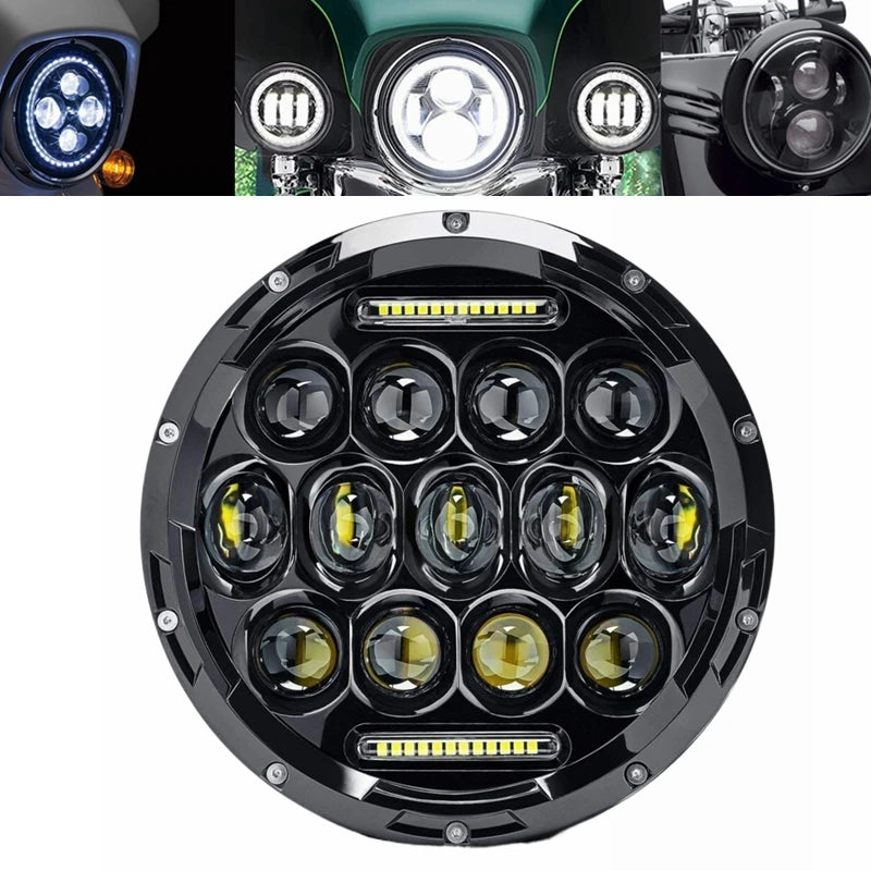 A close-up view of a round LED headlight assembly with multiple projector lenses and angel eyes.