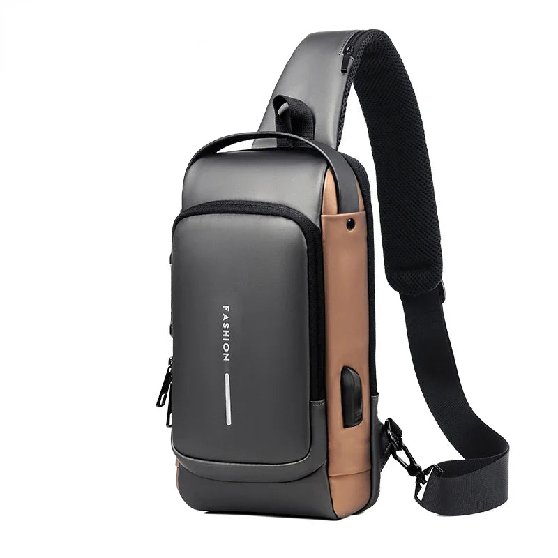 Bolso cruz multifuncional anti-robo negro y caqui con correa negra.