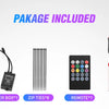 Package includes a 48 LED multicolor music car interior light kit with a receiver box, zip ties, remote, and user manual.