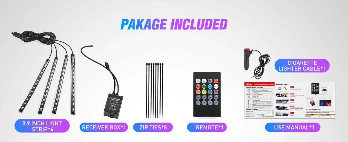 Package includes a 48 LED multicolor music car interior light kit with a receiver box, zip ties, remote, and user manual.