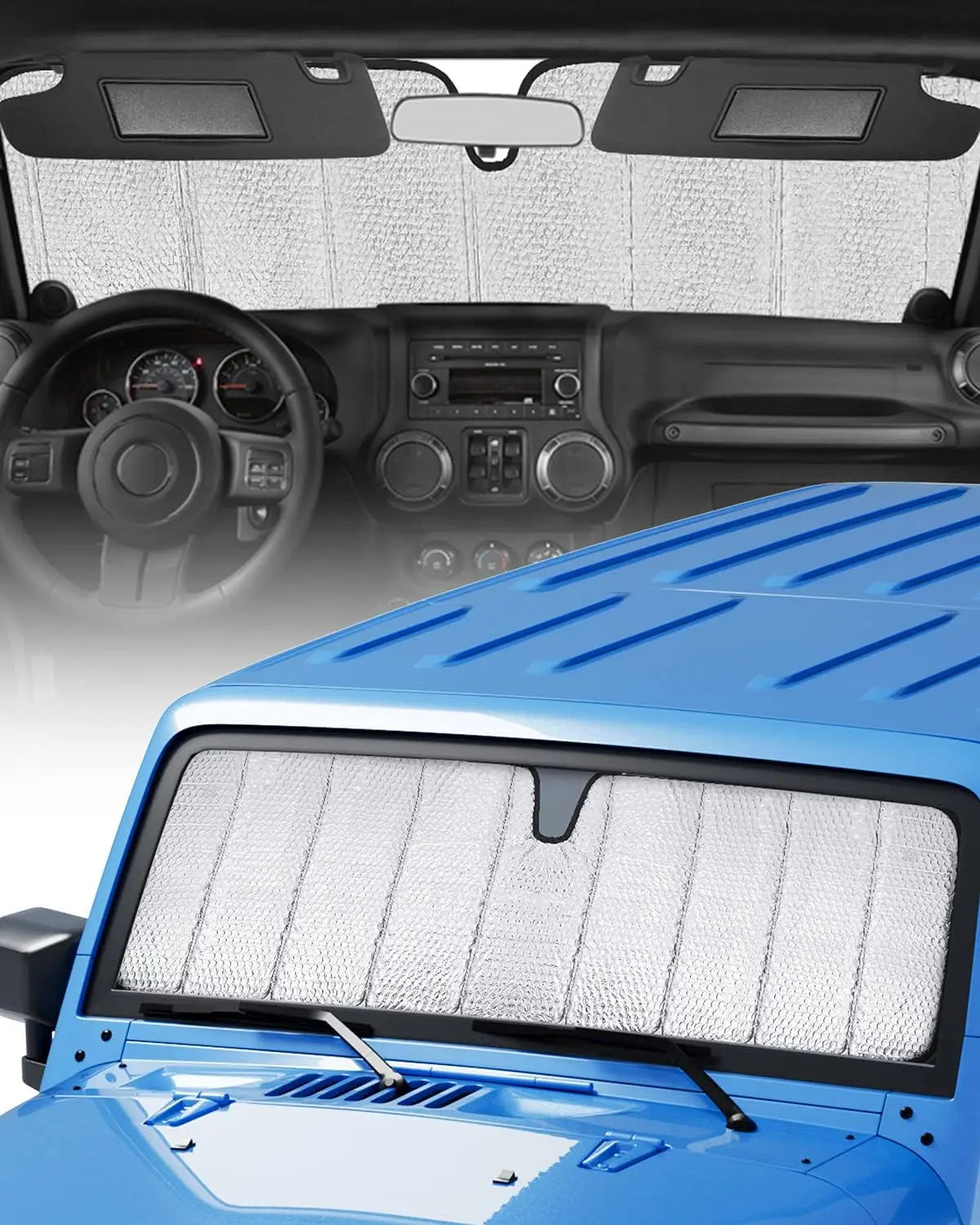 A blue Jeep Wrangler windshield with a white custom-fit sunshade installed.