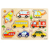 A wooden puzzle set featuring various vehicles like a jet, ambulance, school bus, helicopter, and police car for toddlers.