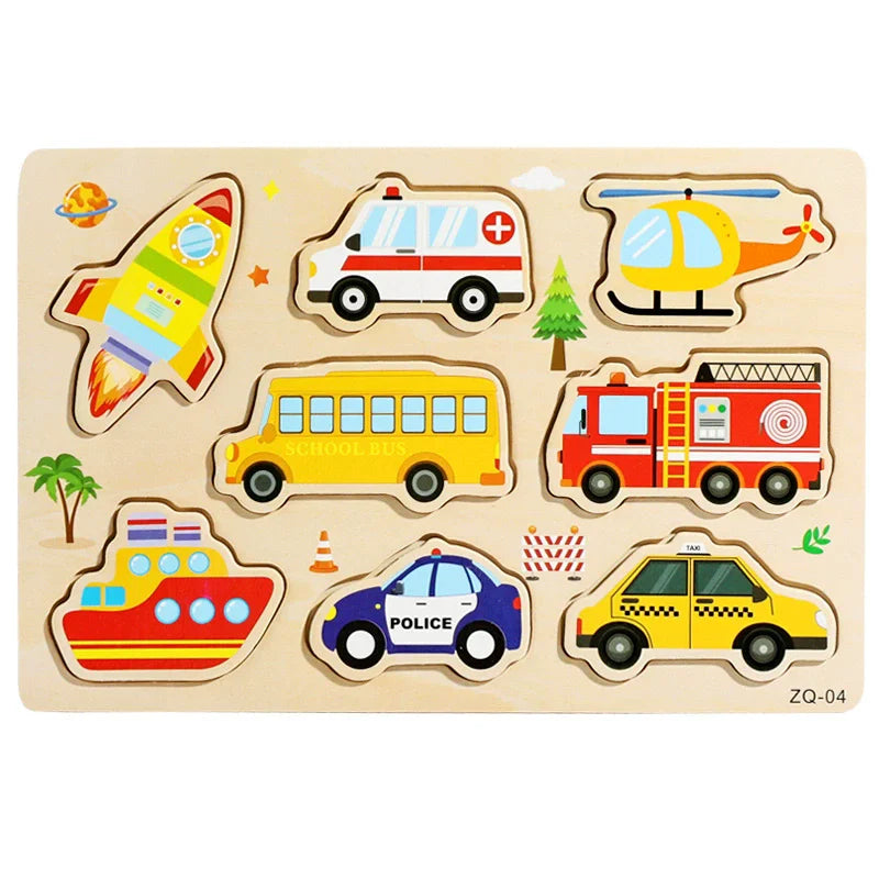 A wooden puzzle set featuring various vehicles like a jet, ambulance, school bus, helicopter, and police car for toddlers.