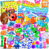 A colorful assortment of sensory fidget toys, including balls, squishy items, and stickers, for a kids party pack.