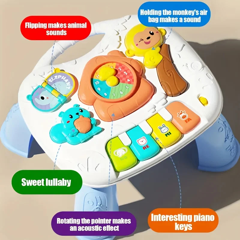 A baby interactive activity table featuring monkey sounds, a sweet lullaby feature, and piano keys.