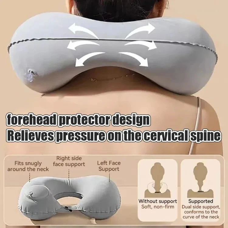 A gray inflatable U-shaped travel neck pillow designed to relieve pressure on the cervical spine.