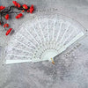 White vintage lace folding hand fan with a delicate pattern and a gold-colored handle.
