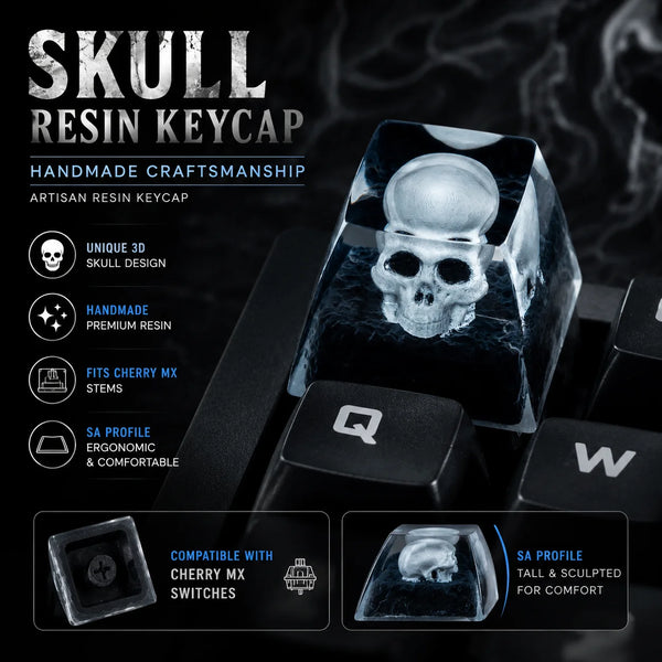Gros plan d'un keycap de crâne en résine translucide pour claviers mécaniques, montrant son détail et son ajustement.