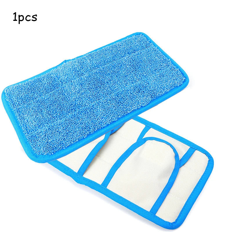 A blue reusable microfiber mop pad and storage case for flat mops.