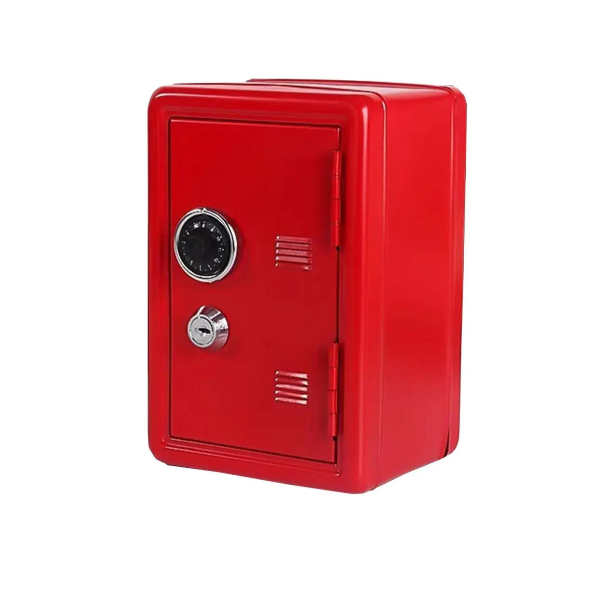 A vintage red metal piggy bank with a combination lock and key.