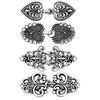A set of vintage rotating sweater clips for cardigans and shawls, featuring ornate silver-toned metal designs.