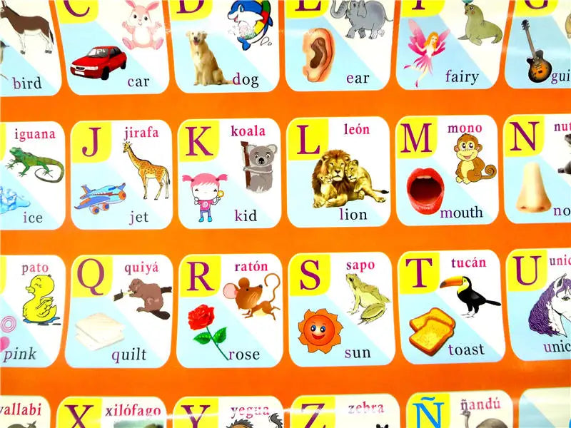 A grid of colorful animal pictures in Spanish and English for toddlers learning.