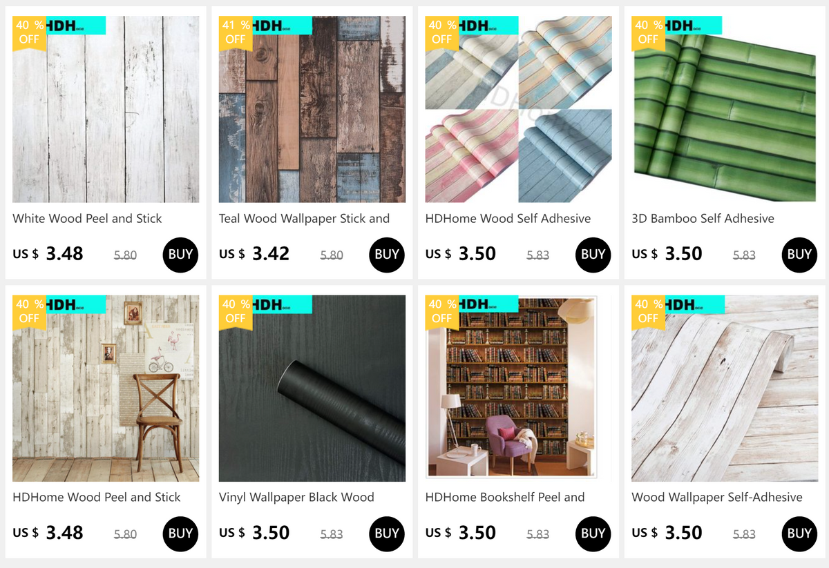 Various wood grain peel and stick wallpapers in different shades and textures.