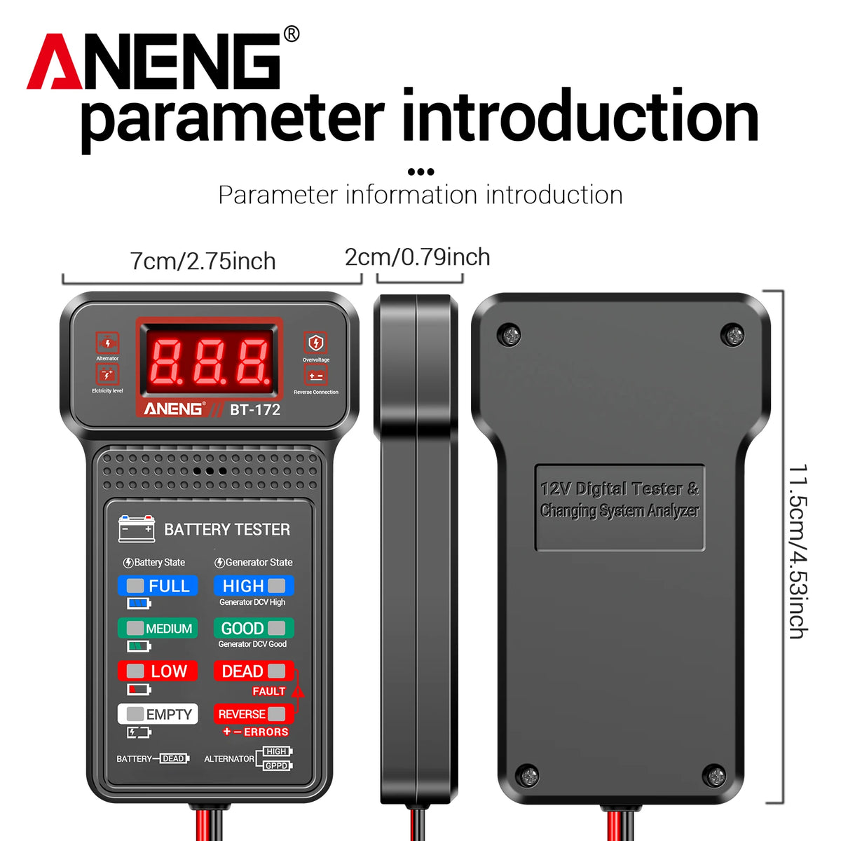 AnENG BT-172 digital battery tester device with an LED display and power cord.
