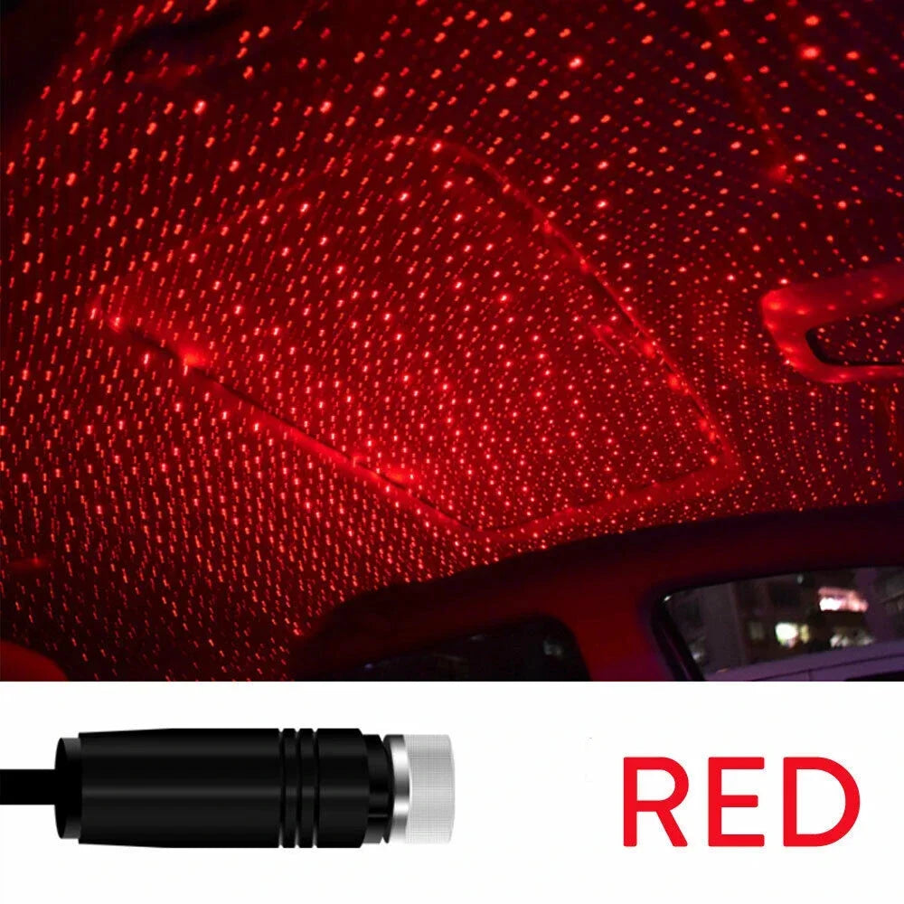 ضوء LED أسود صغير بجوار تصميم داخلي أحمر بنقاط ضوئية حمراء عديدة.