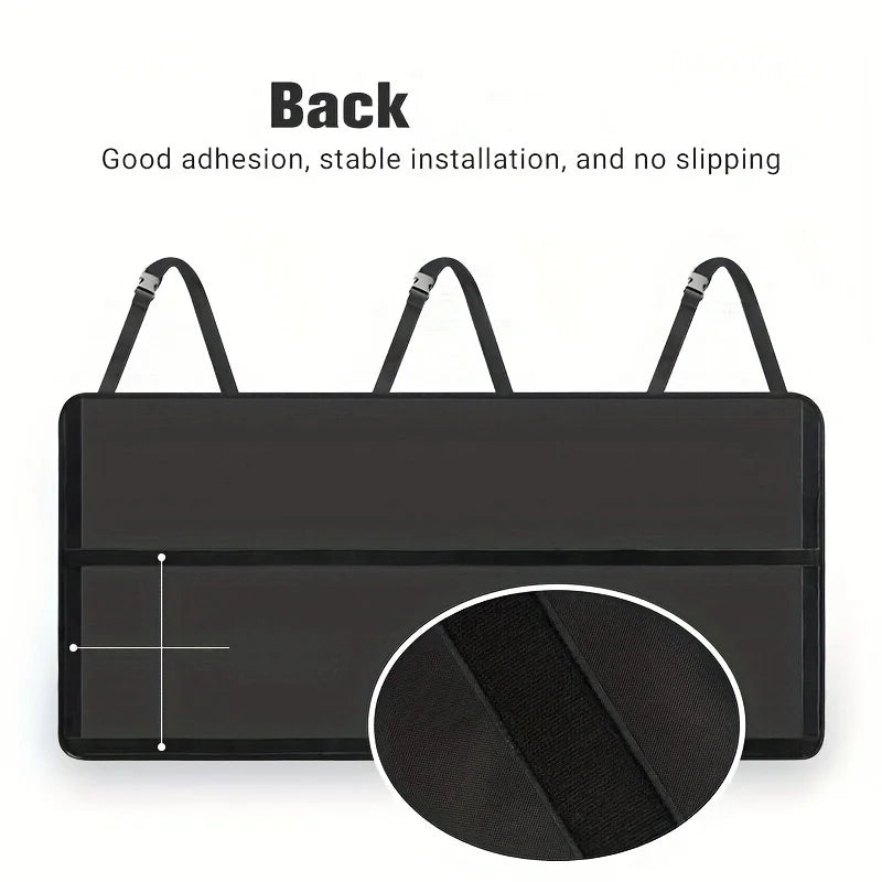 Black universal car trunk organizer with hanging storage pockets and a circular pad