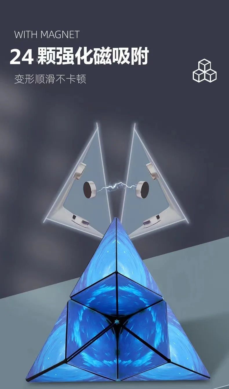 A blue geometric cube puzzle with magnetic components is shown in a triangular arrangement.
