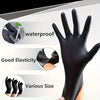 A black disposable nitrile glove is shown with features highlighting waterproofness, elasticity, and various sizes.