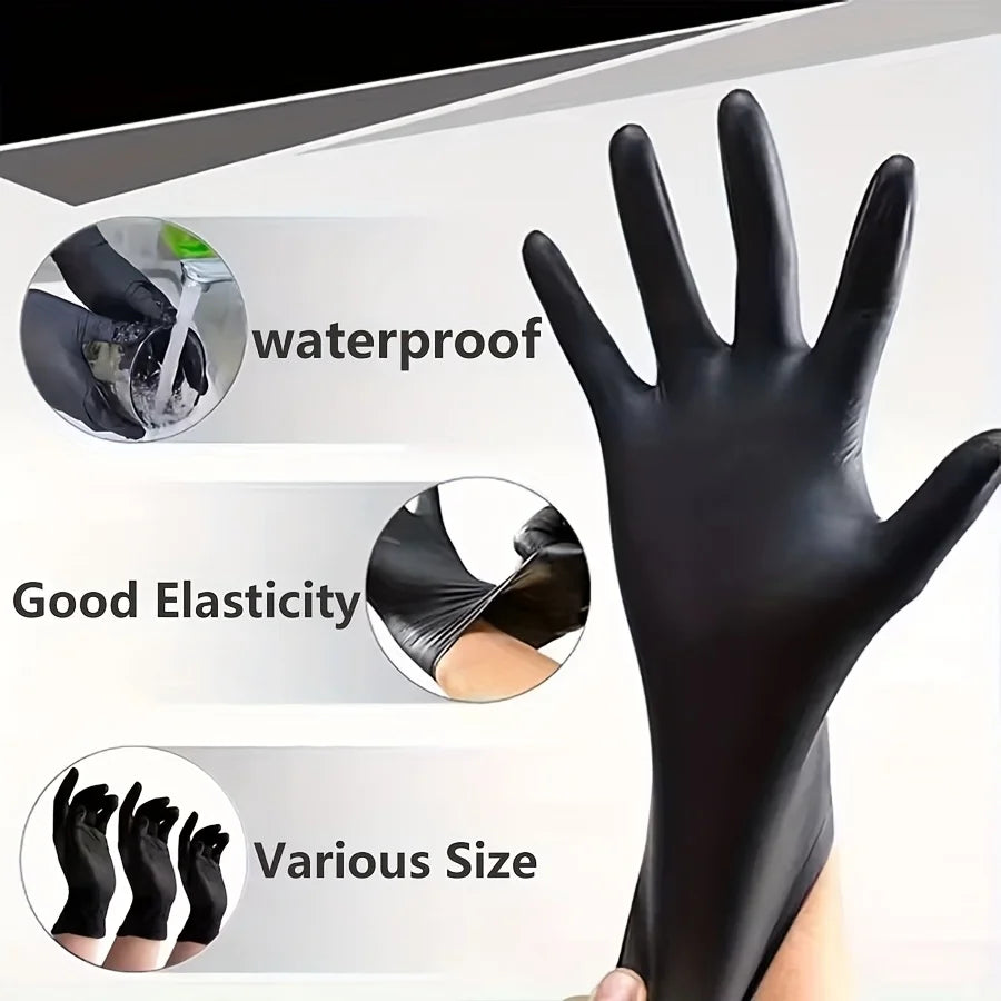 A black disposable nitrile glove is shown with features highlighting waterproofness, elasticity, and various sizes.