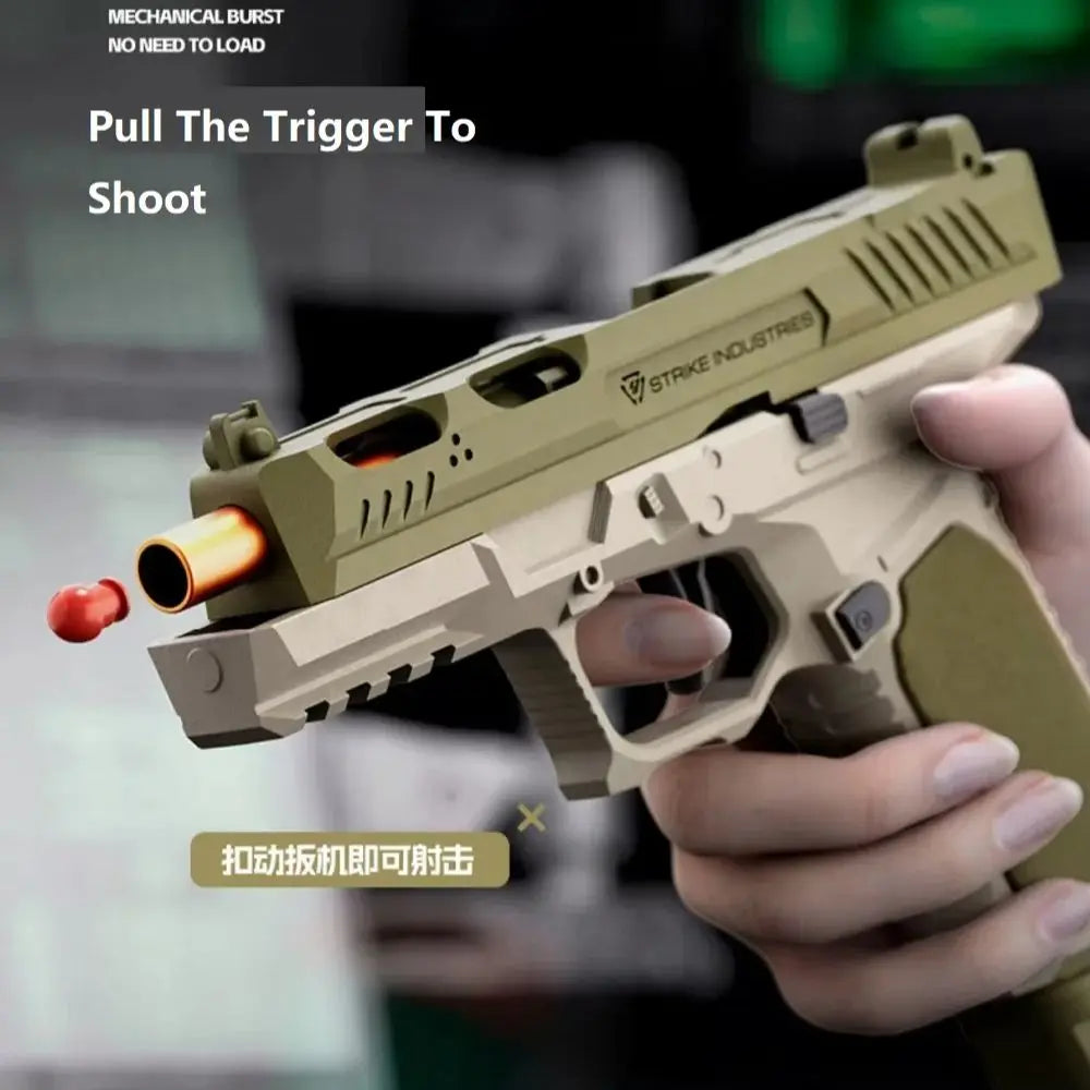 A hand is pulling the trigger of a tan-colored toy blaster, demonstrating how to shoot.