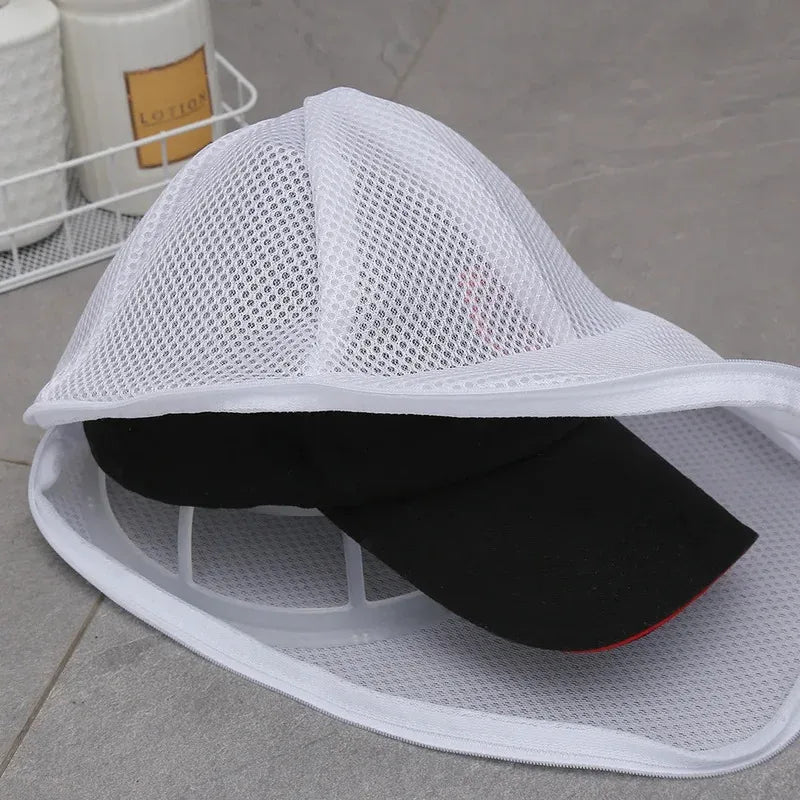 White mesh laundry bag designed for protecting hats and delicate clothing