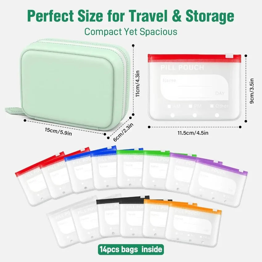 A set of 14 color-coded, waterproof pill pouches for travel and storage, shown in various arrangements.