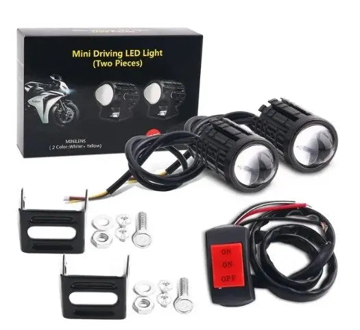 Mini Driving LED Light set for motorcycles including two pieces and a wiring harness