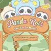 A panda roll plush toy and blind box packaging with a wooden sign and a small green plant display.