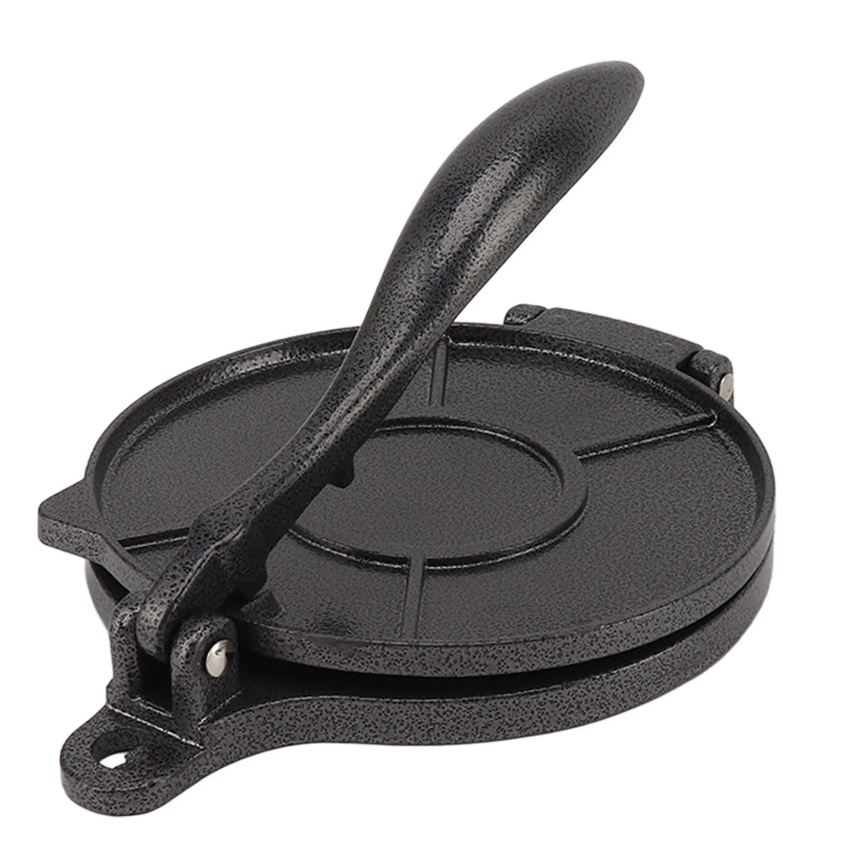 A black manual aluminum tortilla press with a handle, shown from above.