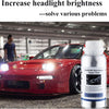A bottle of headlight renovation repair fluid is shown next to a red sports car, demonstrating its use for restoring headligh