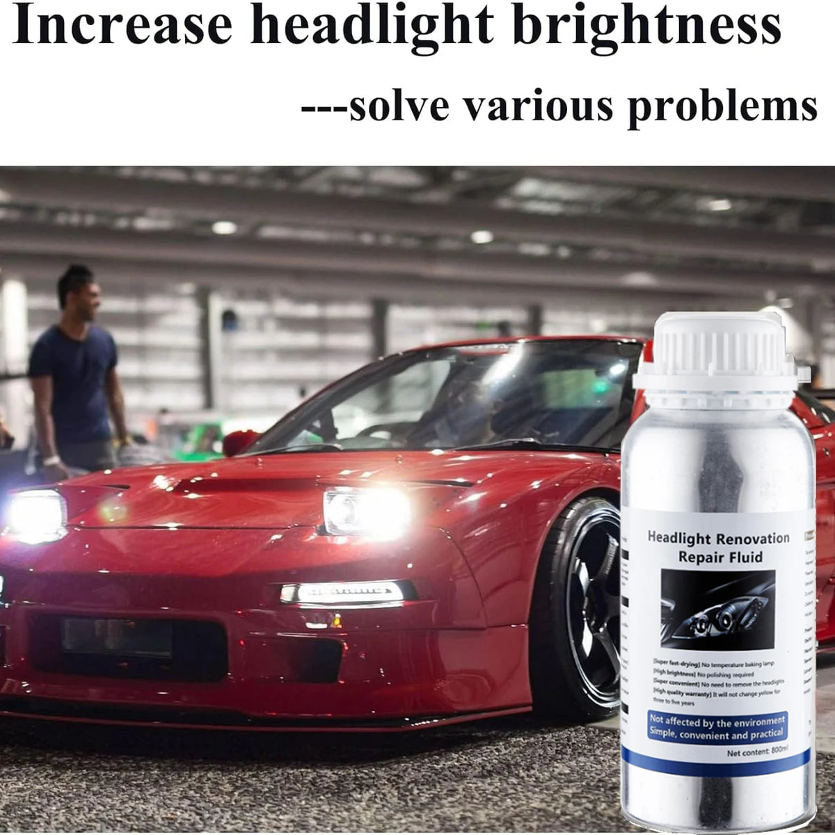 A bottle of headlight renovation repair fluid is shown next to a red sports car, demonstrating its use for restoring headligh