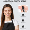 A woman models an adjustable black neck strap accessory for a product featuring unisex kitchen aprons.