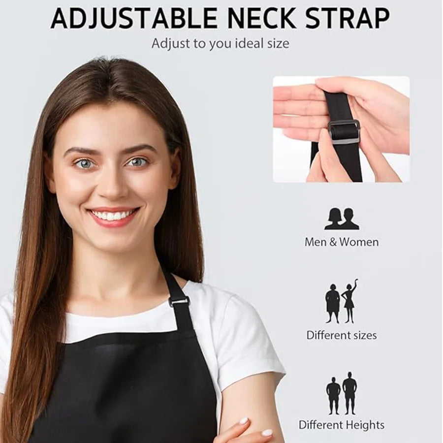 A woman models an adjustable black neck strap accessory for a product featuring unisex kitchen aprons.