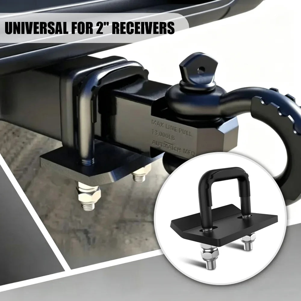 A close-up view of a black heavy duty anti-rattle hitch tightener clamp designed for 2-inch receivers.