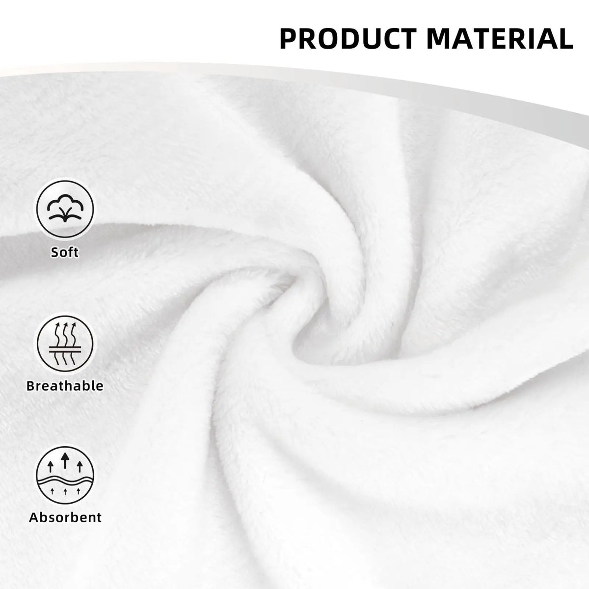 Close-up of a white plush throw blanket showing features like softness, breathability, and absorbency.