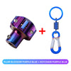 CNC machined titanium motorcycle key head cover in purple blue with a keychain.