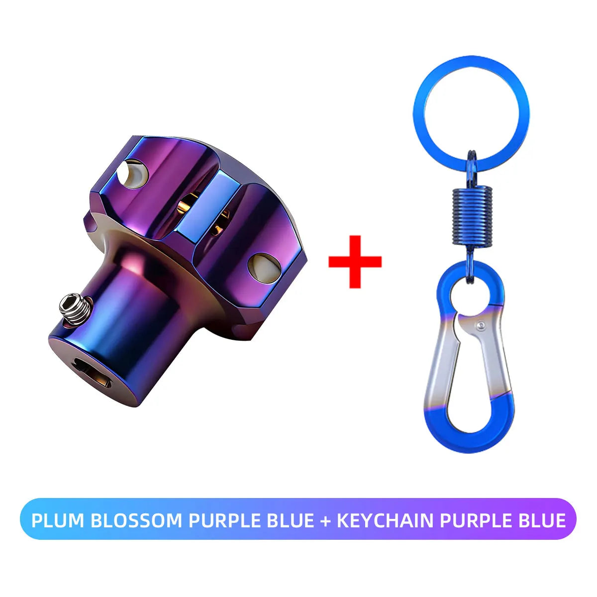 CNC machined titanium motorcycle key head cover in purple blue with a keychain.