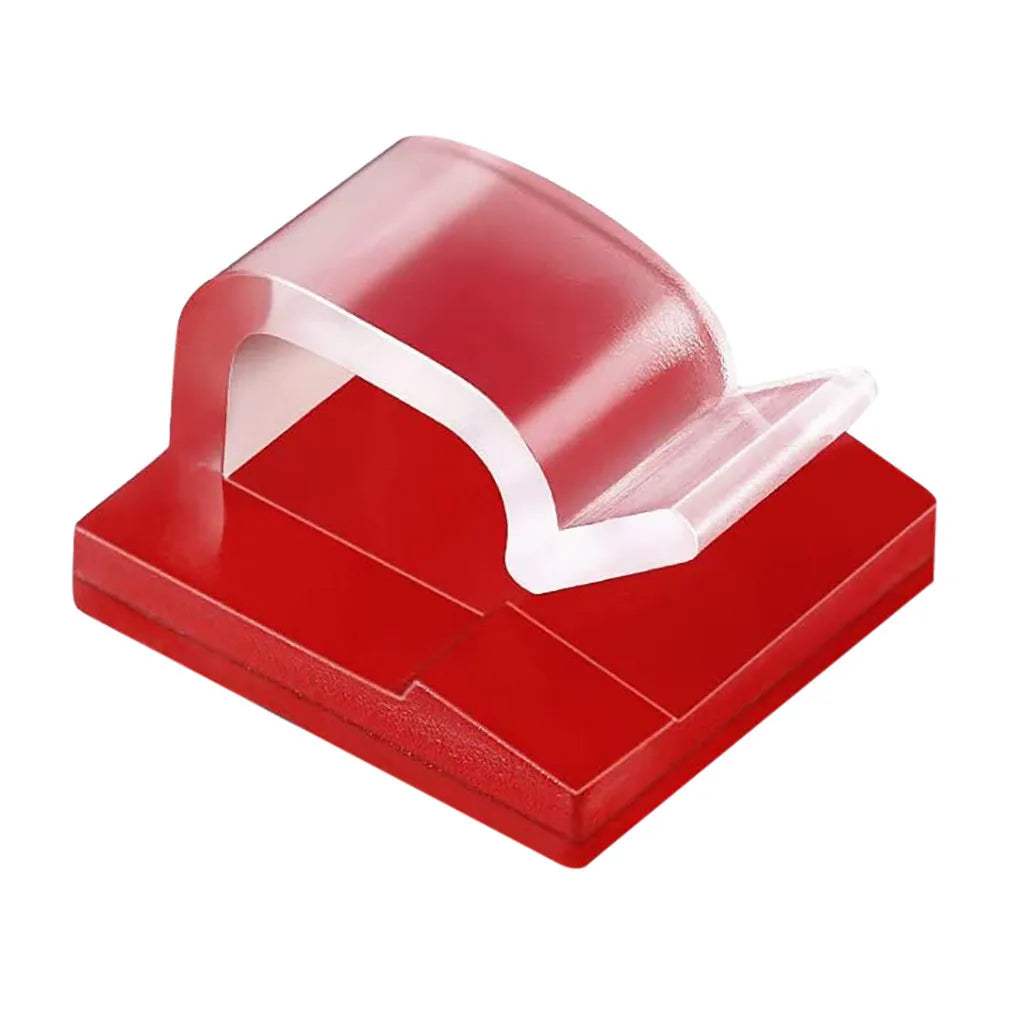 Red adhesive cable organizer clips designed for desk and home use